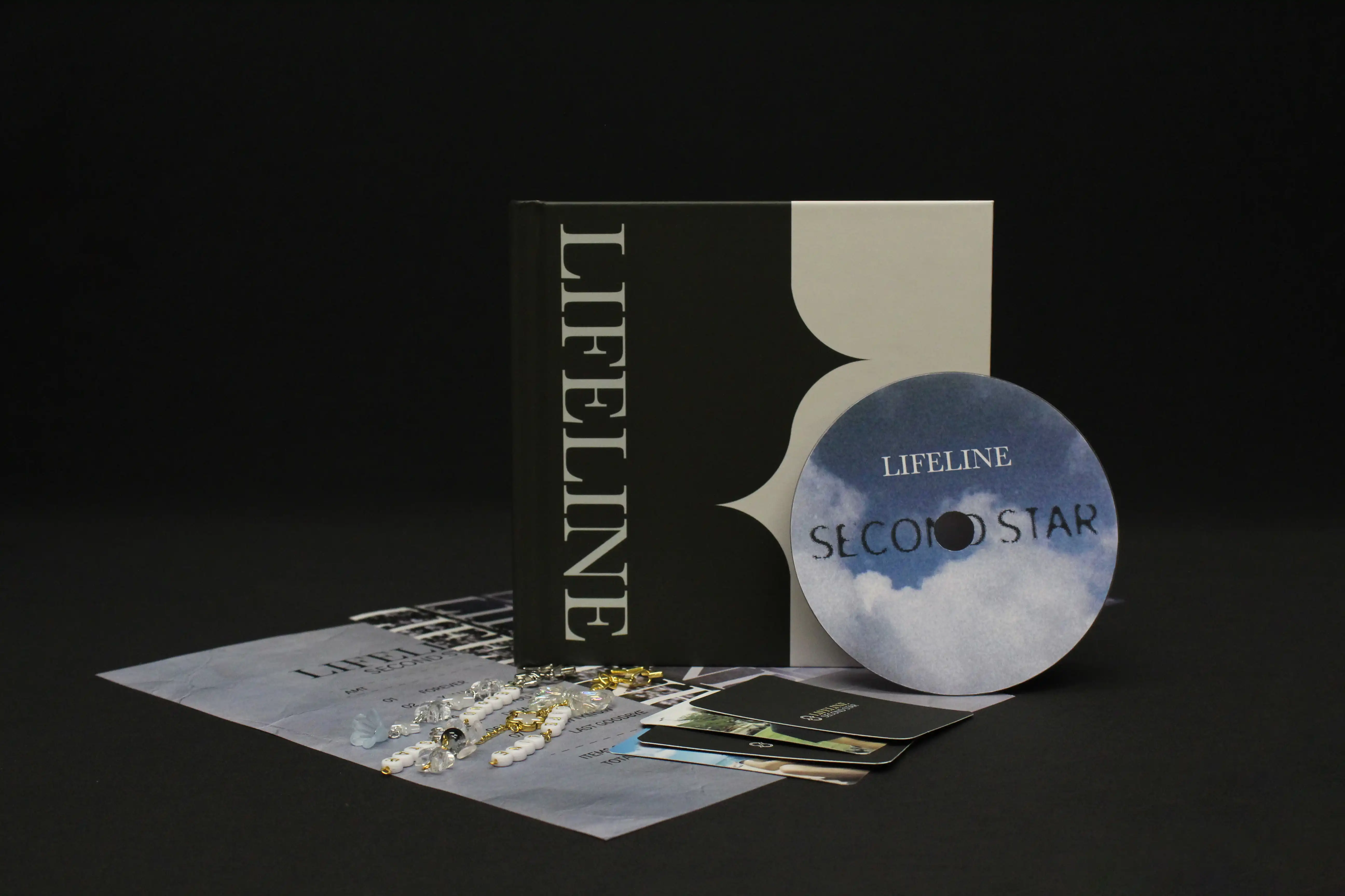 lifeline album with CD, posters, flat laying photo cards, and keychains